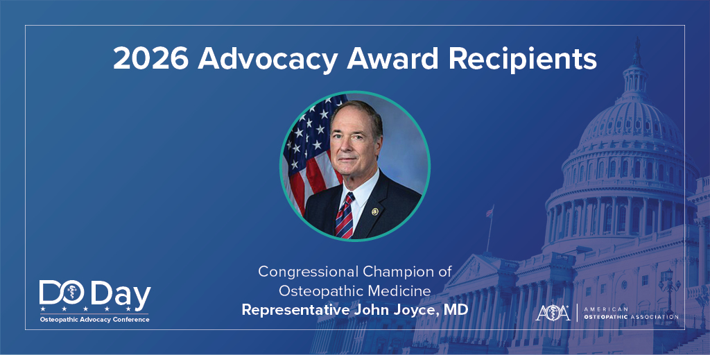 AOAforDOs's tweet photo. Thank you to Rep. John Joyce, MD, for being named a 2026 Congressional Champion of Osteopathic Medicine.
@RepJohnJoyce
#DODay2026 #DODay #DOProud https://t.co/naeOEeUjs7