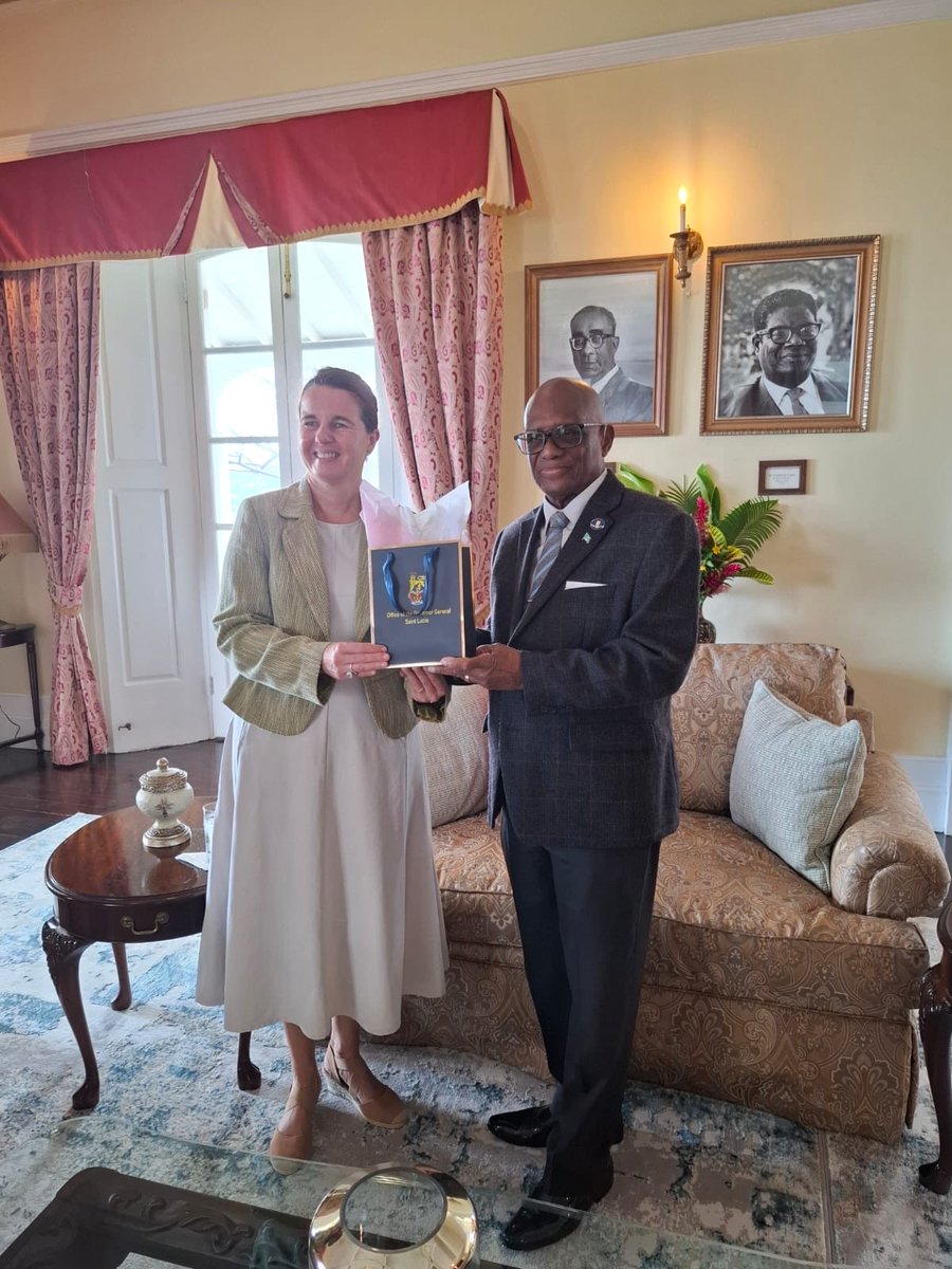 EUinBarbados's tweet photo. Ambassador Fiona Ramsey presented her credentials to His Excellency Sir Errol Charles, followed by rich and forward-looking exchanges with Prime Minister Philip J. Pierre, Minister Ernest Hilaire, Minister Alva Baptiste, and Minister Wayne Girard. https://t.co/YQ2OiOYrkA