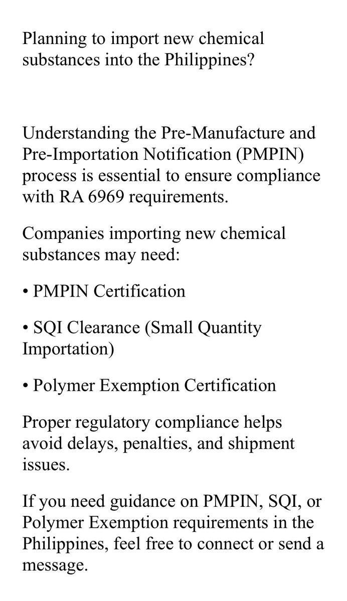 juenyme's tweet photo. *Companies importing new chemical substances may need:
•PMPIN Certification
•SQI Clearance (Small Quantity
Importation)
• Polymer Exemption Certification.

#PMPIN
#RA6969
#ChemicalCompliance
#PhilippinesImport
#ChemicalImport
#RegulatoryCompliance 
#SQI https://t.co/lSEGcw61Oo