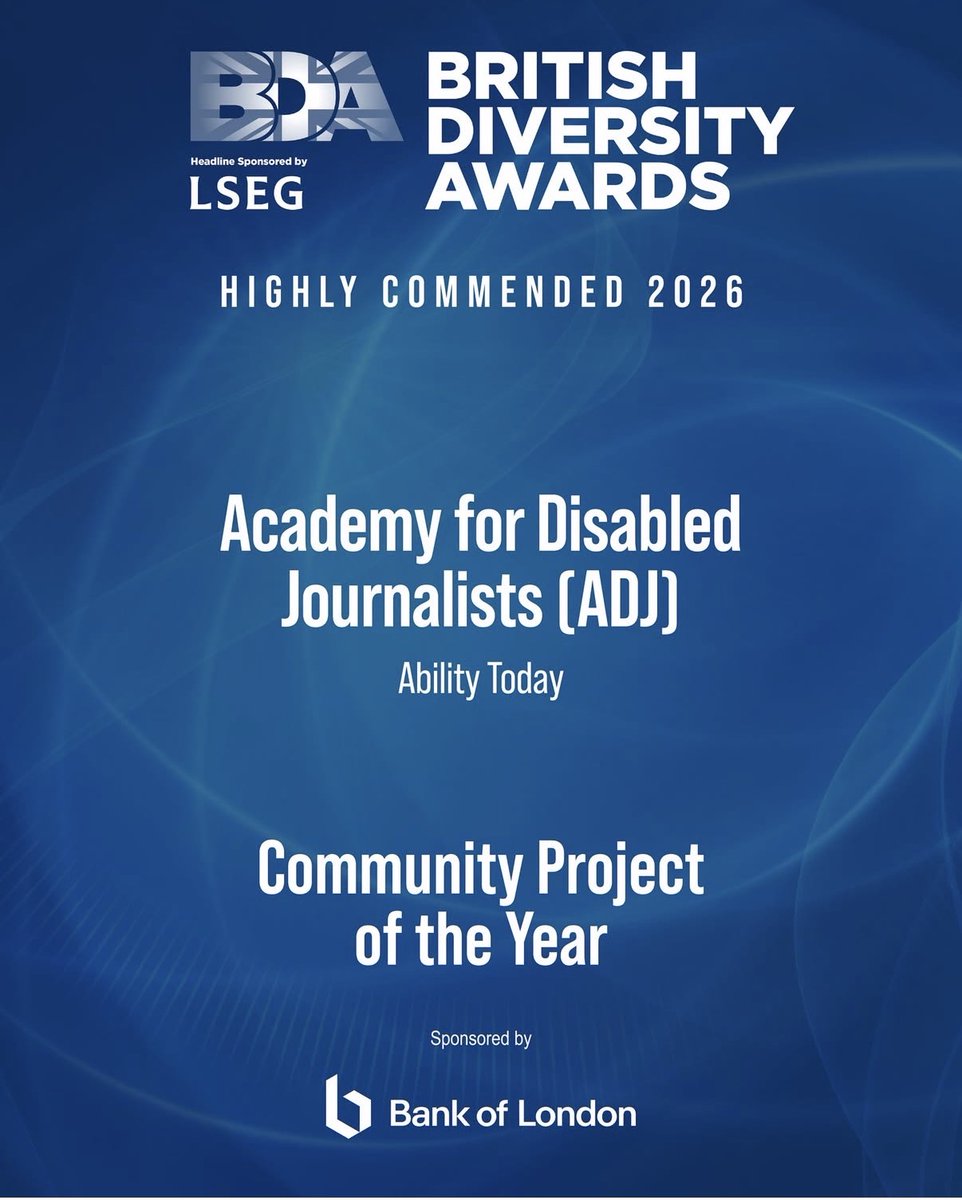 ADJnews's tweet photo. We’re incredibly proud to be Highly Commended in Community Project of the Year at the #BritishDiversityAwards This recognition means so much for the work we do at the Academy for Disabled Journalists and celebrates our amazing students breaking barriers in media. “It’s not about what we can’t do, it’s about what we can!”
Thank you @BritDiversity & @_bankoflondon 
#DiversityAndInclusion #Journalism #AbilityToday #BreakingBarriers