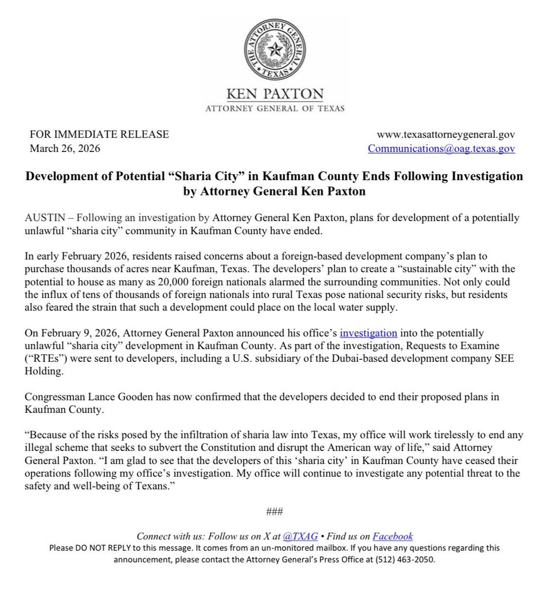 Attorney General Ken Paxton tweet media