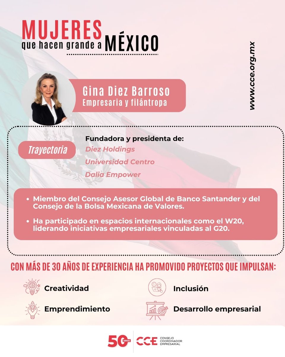 Reconocemos a <a href="/ginadiezbarroso/">Gina Diez Barroso</a>, empresaria y filántropa mexicana.
Su liderazgo, visión y valores, reflejados a lo largo de más de 30 años de trayectoria, contribuyen a la grandeza de México.