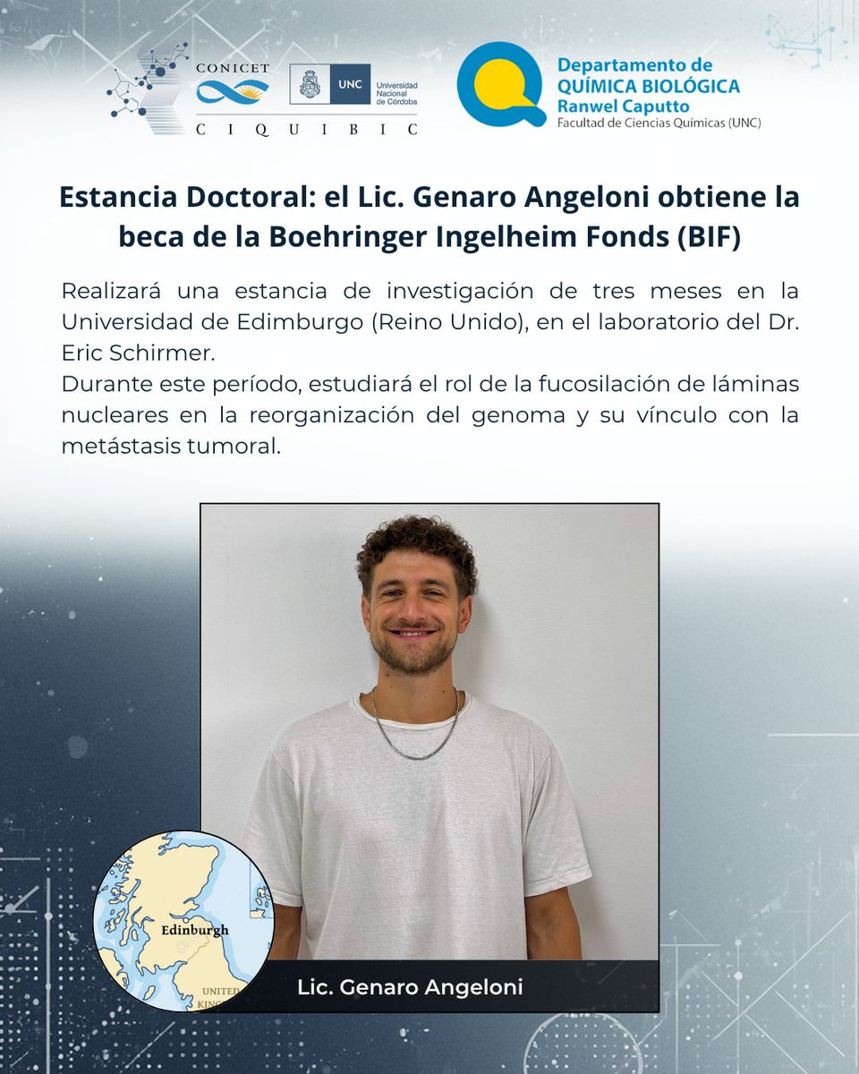 CIQUIBIC's tweet photo. Estancia Doctoral: el Lic. Genaro Angeloni obtiene la beca de la Boehringer Ingelheim Fonds (BIF) 🎓🌍Nuestro becario doctoral, el Lic. Genaro Angeloni, ha sido seleccionado para recibir una beca de la fundación internacional Boehringer Ingelheim Fonds (BIF). https://t.co/mCuZcn1DBn