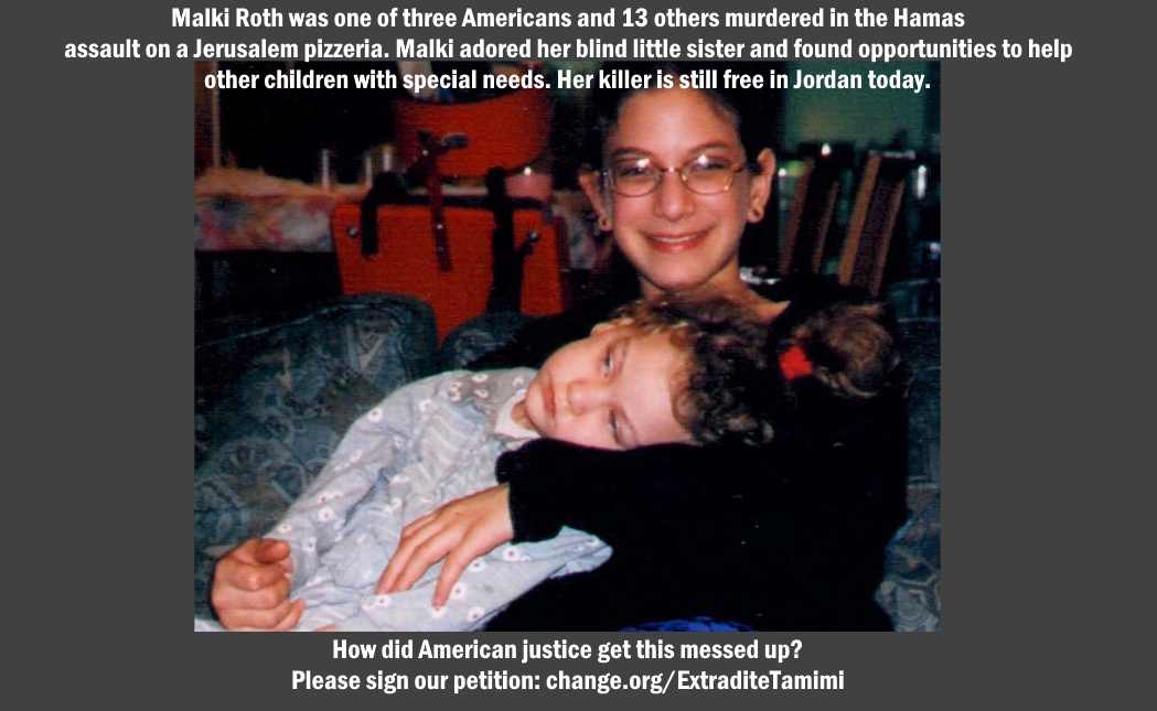 arnoldroth's tweet photo. As the father of Malki Roth, I know this case well. In a humiliating failure of American justice, Hamas icon #AhlamTamimi lives free and famous in Jordan, a one-woman terror incitement enterprise. Political asylum has nothing to do with it. It’s much worse. 
Since 2017, Jordan simply asserts the extradition treaty of 1995, which binds Jordan, is invalid. The US govt disagrees but no one meaningfully pushes back. It’s that ongoing, demeaning failure alone that explains how Tamimi stays free.