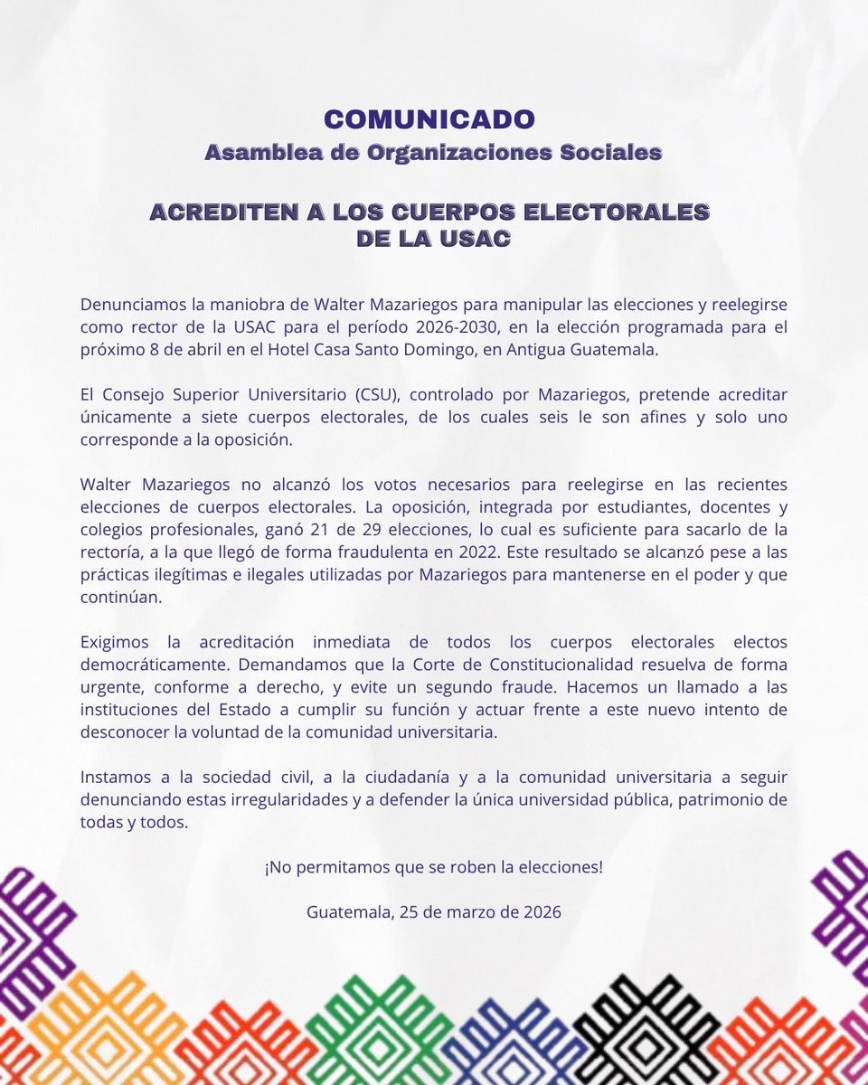 justiciayagt's tweet photo. Diversos comunicados de actores sociales y comunidad estudiantil exigiendo la acreditación de cuerpos electorales y denunciando las acciones encaminadas a un fraude electoral por parte del CSU. 
 ¡POR EL RESCATE DE LA USAC, SEGUIMOS AQUÍ! 📣 https://t.co/NuP2RGNXMx