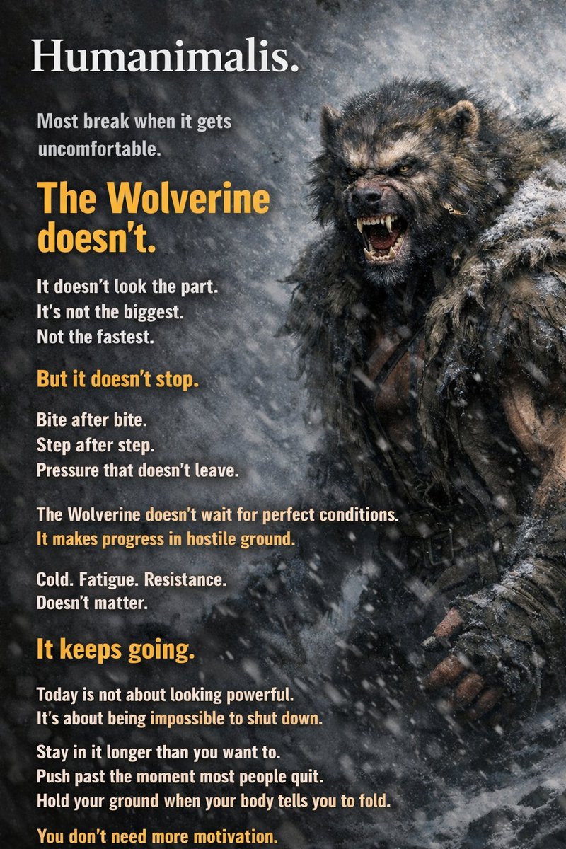 Humanimalis's tweet photo. Most people break when it gets uncomfortable.
The Wolverine doesn’t.
It just keeps going. https://t.co/oTugZRdHYf