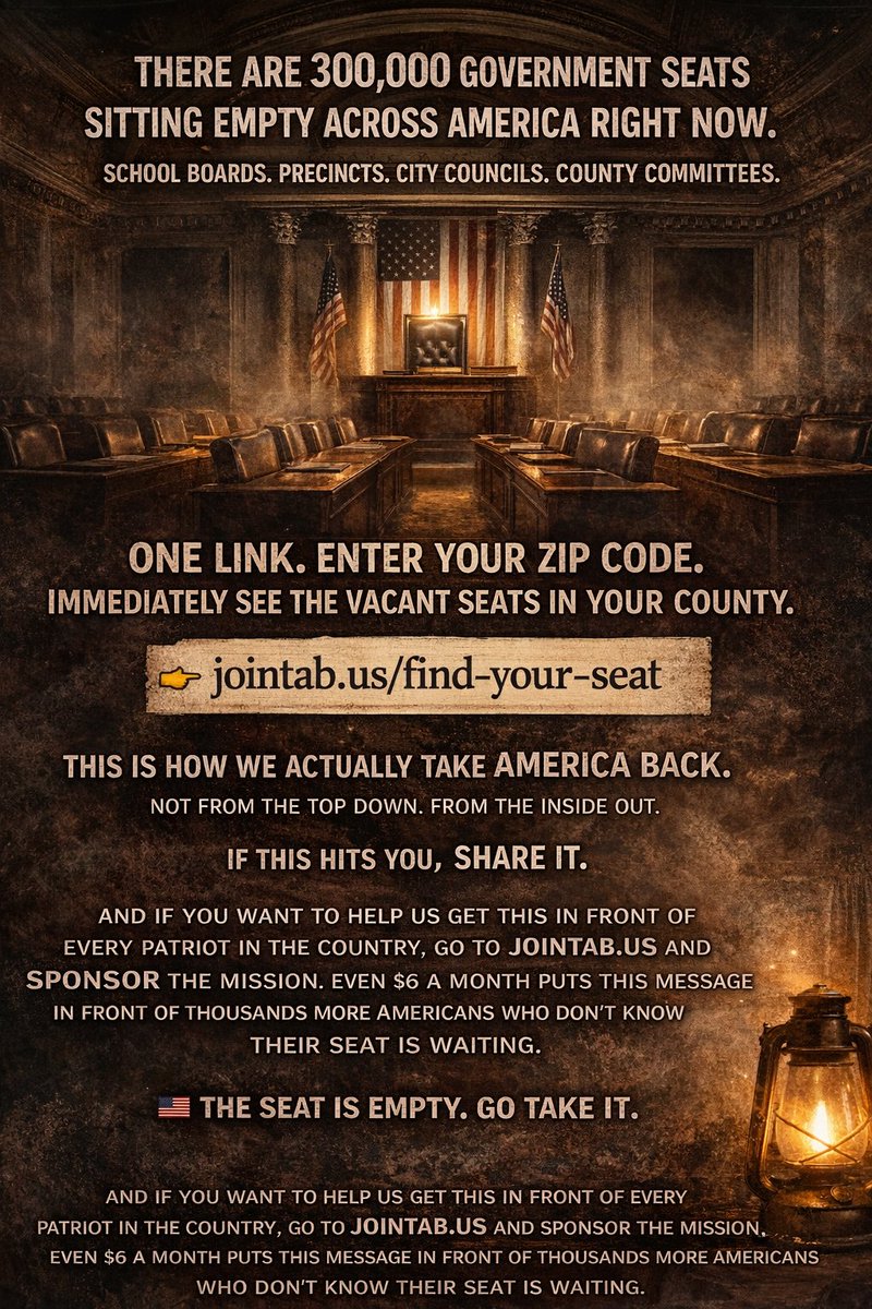 StevenEKuhn's tweet photo. There are 300,000 government seats sitting empty across America right now.

School boards. Precincts. City councils. County committees.

Empty, vacant or uncontested. 

Not because nobody qualifies.

Because nobody told you they existed.

That's not an accident. When you don't know the seat is there, you don't take it. And when you don't take it, they control it, or kill it quietly.

One link. Enter your zip code. Immediately see the vacant seats in your county.

👉 https://t.co/Fp3ks2KnTw

This is how we actually take America back. Not from the top down. From the inside out.

If this hits you, share it. 

And if you want to help us get this in front of every patriot in the country, go to https://t.co/BZsf2uWDZs and sponsor the mission, even $6 a month puts this message in front of thousands more Americans who don't know their seat is waiting.

🇺🇸 The seat is empty. Go take it.

#TakeAmericaBack #TAB #FindYourSeat #LocalPolitics #BeTheChange