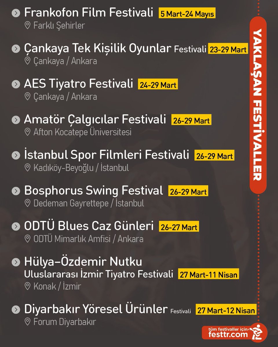 festtrcom's tweet photo. "Mart ayı bitiyor ama festivaller hız kesmiyor! 🗓️🎭

Filmden tiyatroya, cazdan yöresel lezzetlere kadar Türkiye'nin dört bir yanındaki en keyifli etkinlikleri senin için listeledik. Ajandanı hazırlamayı ve gitmek istediğin arkadaşına bu postu göndermeyi unutma! 🧡 https://t.co/S47gqtoVXS