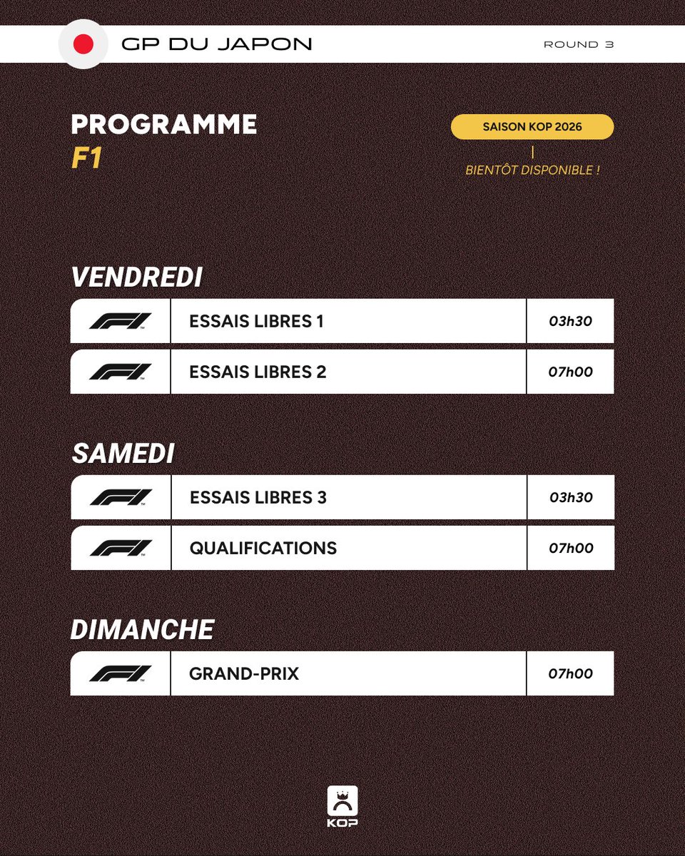 kingofpaddock's tweet photo. 💥 Le programme du #JapanGP 🇯🇵

La Formule 1 se rend à Suzuka pour la 3ème manche de la saison !

Avant une pause de plusieurs semaines dû à l'annulation des GP qui devaient avoir lieu au Moyen-Orient, il faudra à nouveau se lever tôt pour suivre la F1 ce week-end !⏰

#F1 https://t.co/Ar4PyWistT
