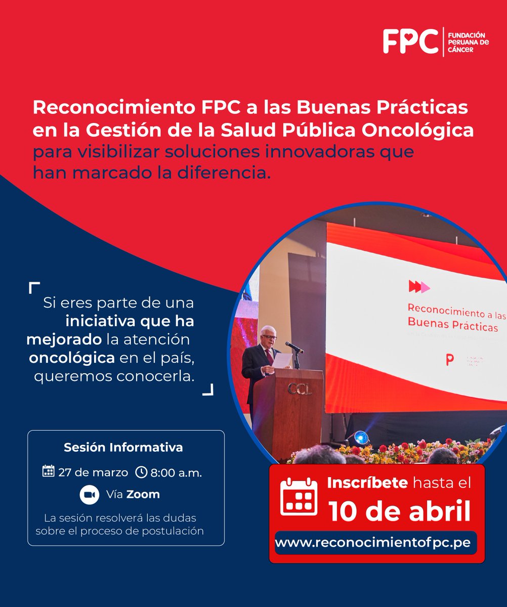 FPCPERU's tweet photo. 📢 ¿Tu equipo está mejorando la atención del cáncer en el Perú? ¡Queremos conocer tu iniciativa!
Abrimos la convocatoria al Reconocimiento FPC a las Buenas Prácticas en Salud Pública Oncológica.
👉 Postula hasta el 10 de abril
https://t.co/hWXCxvZ5F0 https://t.co/SG5x4Osgcm