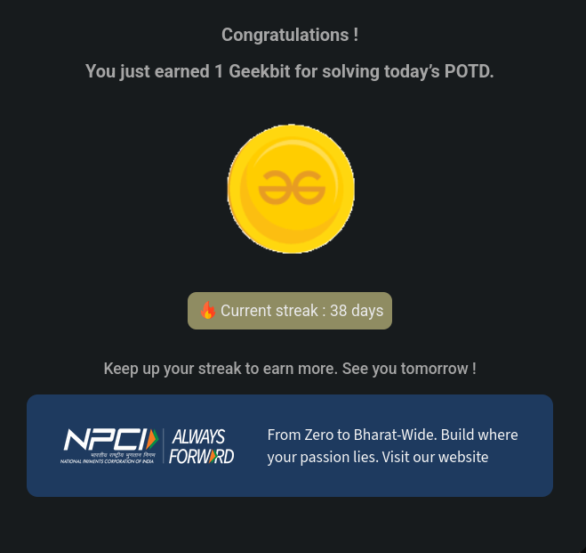 Harshit42077's tweet photo. 🔥Day 38 of 60 days challenge on GeeksforGeeks — small steps every day lead to big results🚀 
Today solve a problem of "Numbers Of Ways To Arrive at Destination". It was very tricky and helpful to learn code.
A great thank you to @geeksforgeeks and @NPCI_NPCI.
#geekstreak60
#npci https://t.co/zNsvM1naBf