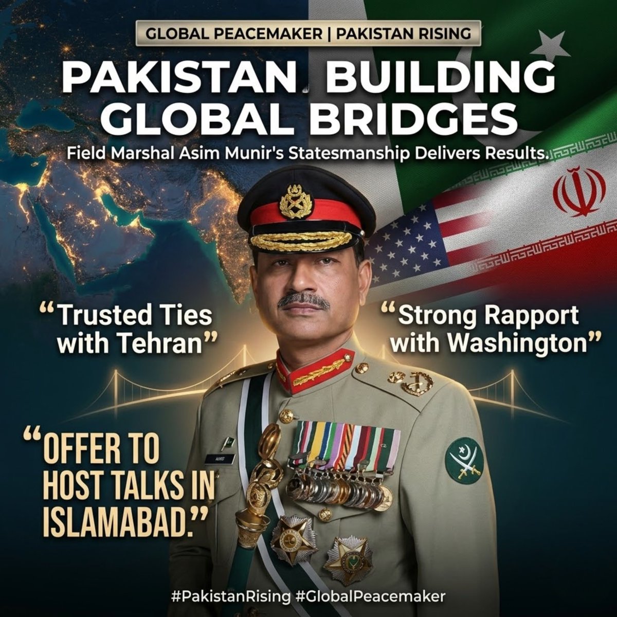 HafsaAfridi11's tweet photo. While others fuel conflict, Pakistan under Field Marshal Asim Munir is building bridges.Trusted ties with Tehran, strong rapport with Washington,and the offer to host talks in Islamabad this is statesmanship that delivers results
#Pakistan #GlobalPeacemaker #SaluteToFieldMarshal https://t.co/lly2gotv7U