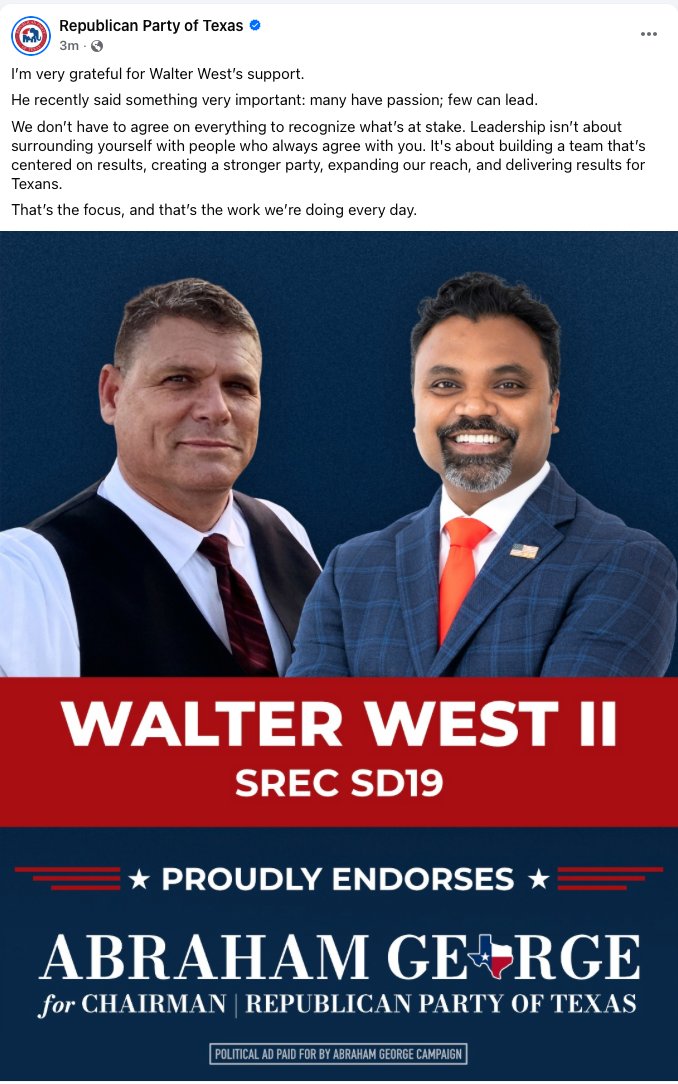 MarkMcCaig's tweet photo. The @TexasGOP is now posting endorsement announcements for Chairman @abrahamgeorge's re-election on its Facebook page, despite a SREC bylaw that prohibits Party resources from being used to influence intraparty contests. Vice-Chair @DrindaRandall is challenging George. https://t.co/Menqh1Me1F