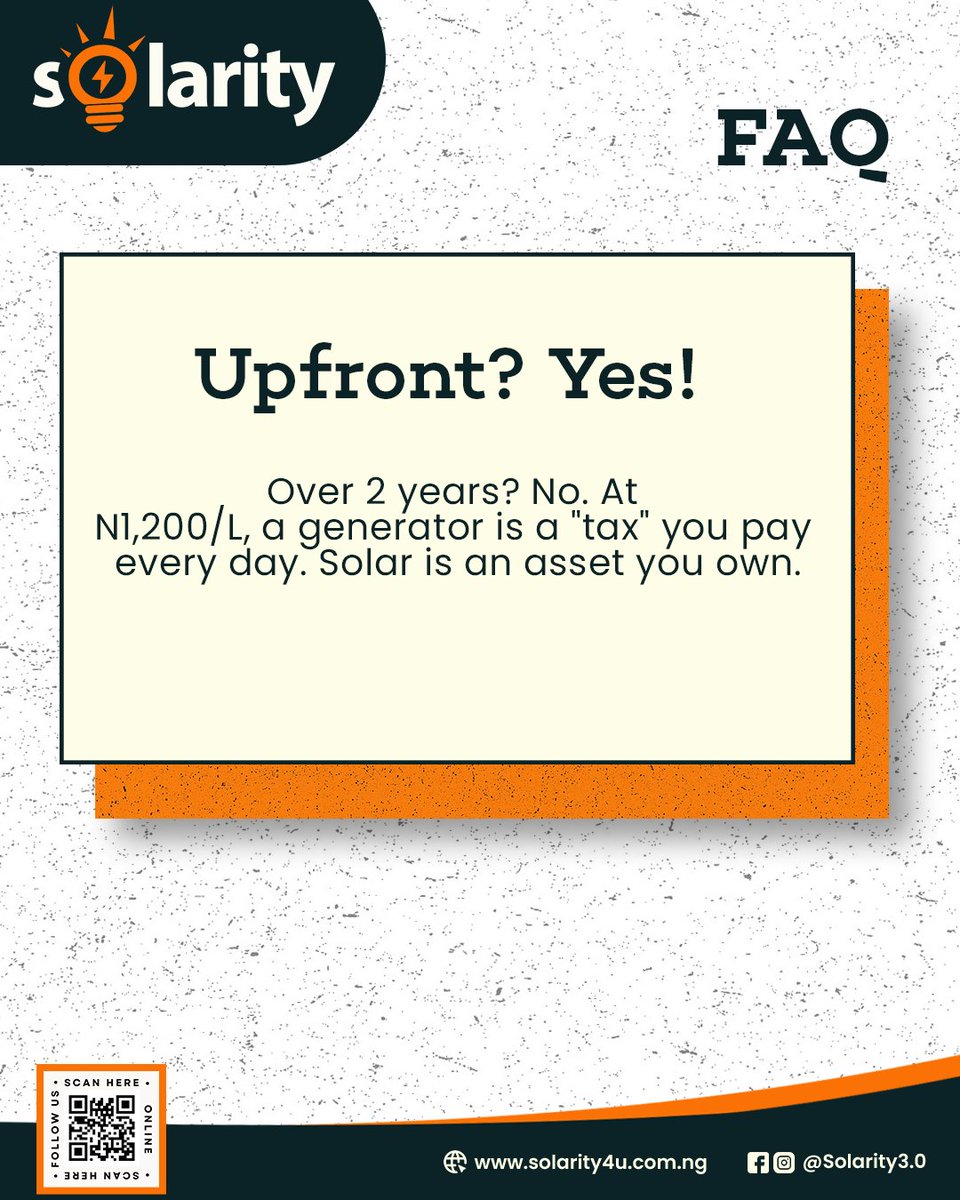 solarity4u's tweet image. Solar may cost more upfront — but fuel costs more forever.

At ₦1,200/L, running a generator is daily spending.
Solar is a one-time investment you own. ⚡
#Solarity #Iphone18 #FuelSavings #SolarNigeria #Stage4