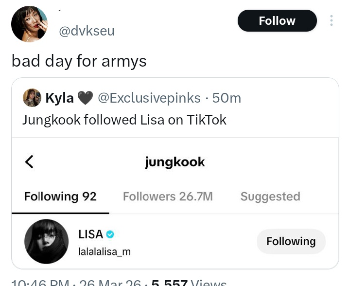 Ialisamaintopic's tweet photo. It's Lisa's birthday and blinks first thing to do is to post a certain bts member following her, mind you their account has no post wishing L a happy birthday. priorities ig! https://t.co/nJm1FmXAxp
