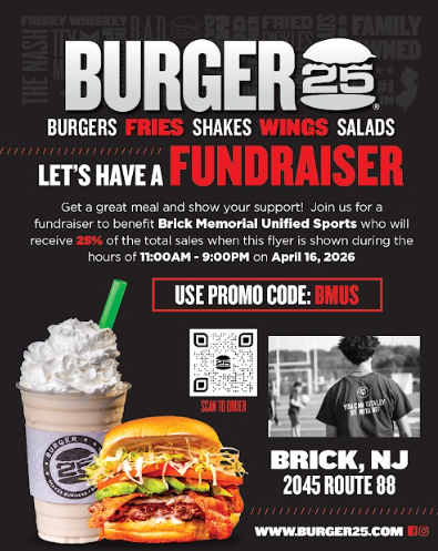 BMUnifiedSports's tweet image. Get your 🍔 on, or your 🥗, or your milkshake w us @ Burger 25! Thurs, 4/16 from 11 AM - 9 PM! Mention the fundraiser @ checkout &amp;amp; use the promo code online! Please retweet! 💚💛 #ChooseToInclude #playUNIFIED @Brick_K12 @BrickMemorialHS @VMMSMustangs @BtpsSrvcs @SONewJersey