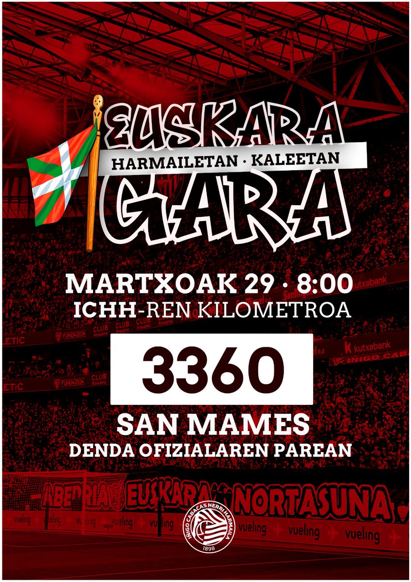 Harmailetan eta kaleetan EUSKARA GARA!! 

📍ICHHren kilometroa: 3360, martxoak 29, 8:00etan San Mamesen. 

Zatoz gurekin gure hizkuntza babestera, zatoz gurekin korrikara!