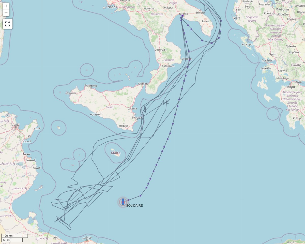 TrafficoNaviOnc's tweet image. 26.03.2026 #Solidaire è già in posizione di ricerca e attesa bare galleggianti. Mi era sfuggita la sua partenza da Taranto il 24 marzo alle 10:40 UTC circa.
adesso si trova a metà strada tra Malta e la costa zona Tripoli in acque internazionali