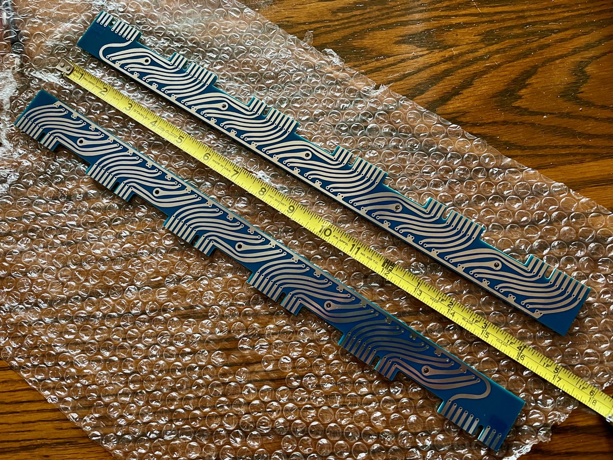 Midiizer's tweet photo. Buchla &amp; M.E.M.S. Power Bus Board
FYI - Just over 16 5/8" long. 1 3/8" wide. Both sides shown in photo. Beautiful vintage layout. No one will ever see them, but I'll know they're there. https://t.co/F3a728DYzc