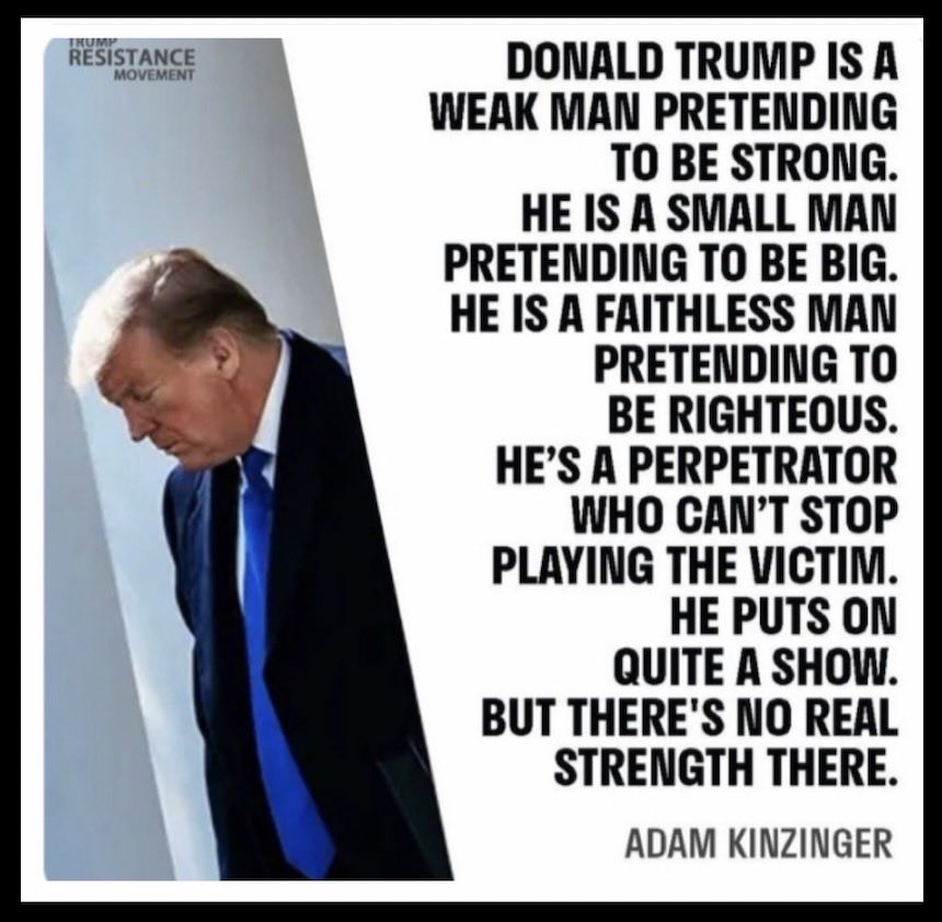 kangaroos991's tweet photo. Exactly! If folks critically examine what he does (rather than his crazy rhetoric),
then it's CLEAR that this warmongering 
'draft dodging' criminal is totally UNFIT to be Commander in Chief at ANY time,
especially NOT in a crisis! YES or no? 🤔

Cr: @AdamKinzinger #WeakTrump ⤵️ https://t.co/eRK75GNcEK