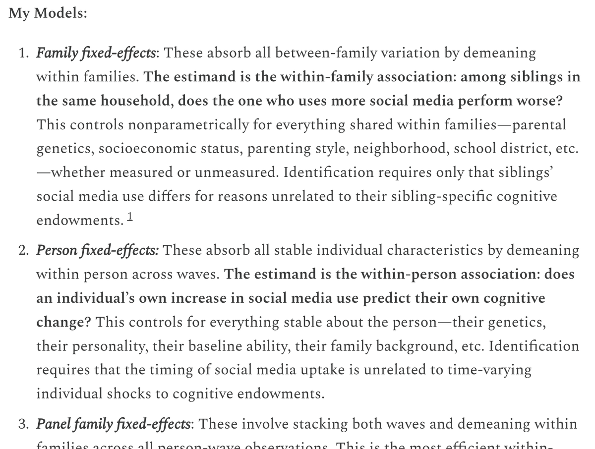 cremieuxrecueil's tweet photo. I did ask some social scientists if they understood these models, and most said they would not have thought to do them.

But they're simple: compare siblings, compare the same person over time.

Maybe it's ignorance holding social scientists back from testing theories properly. https://t.co/zGL73vK1fe