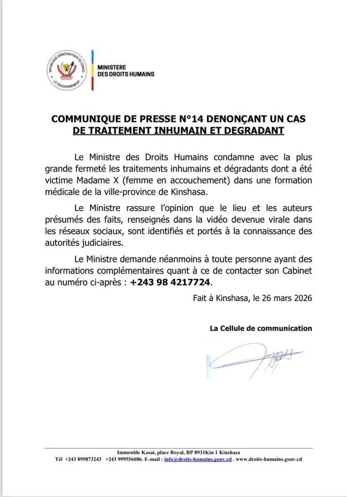 5Jeromemokristo's tweet photo. #DROITS_HUMAINS
__
SAMUEL MBEMBA KABUYA, MINISTRE DES DROITS HUMAINS, RÉAGIT FACE À UN CAS DES TRAITEMENTS INHUMAINS DANS UNE FORMATION MEDICALE À KINSHASA.
LE MINISTRE DEMANDE NÉANMOINS À TOUS CEUX QUI AURONT LES INFORMATIONS COMPLÉMENTAIRES SUR CE DOSSIER DE CONTACTER SON Cab https://t.co/vILPjpqXaw