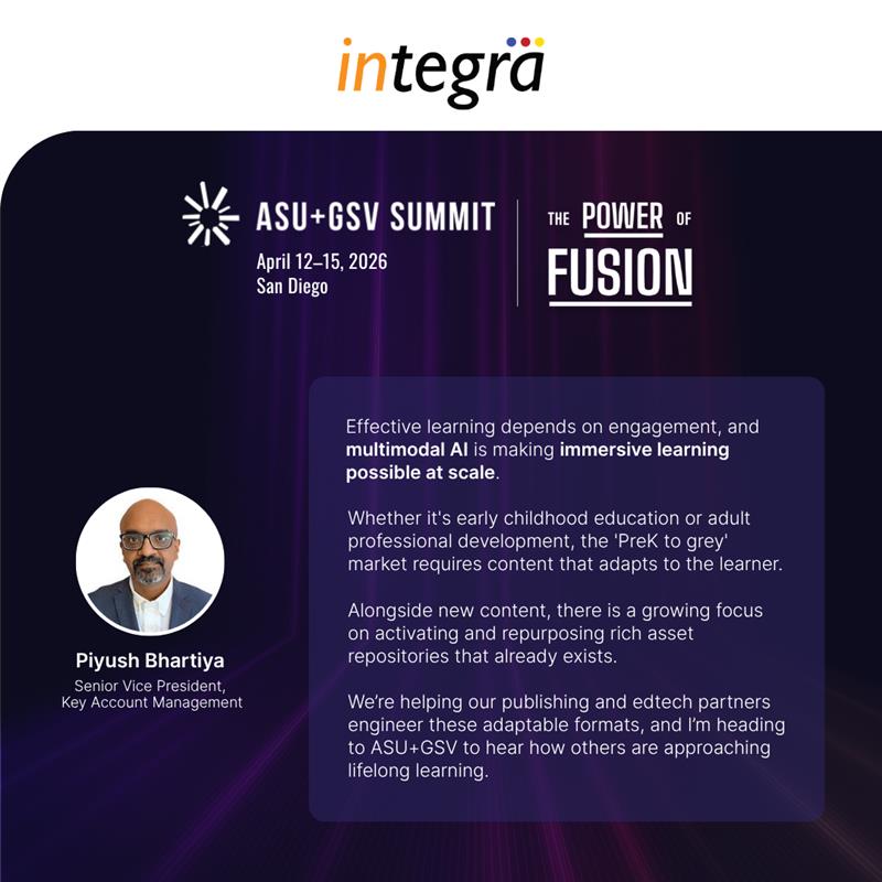 Integra_Global's tweet photo. AI is transforming how education publishers use their high-quality content. Piyush Bhartiya will be at the ASU+GSV Summit in San Diego (April 12–15) sharing insights. Check out his thoughts below—and connect if you’re attending. #ASUGSVSummit #AIinEducation #Integra https://t.co/ZHBKK2U6gs
