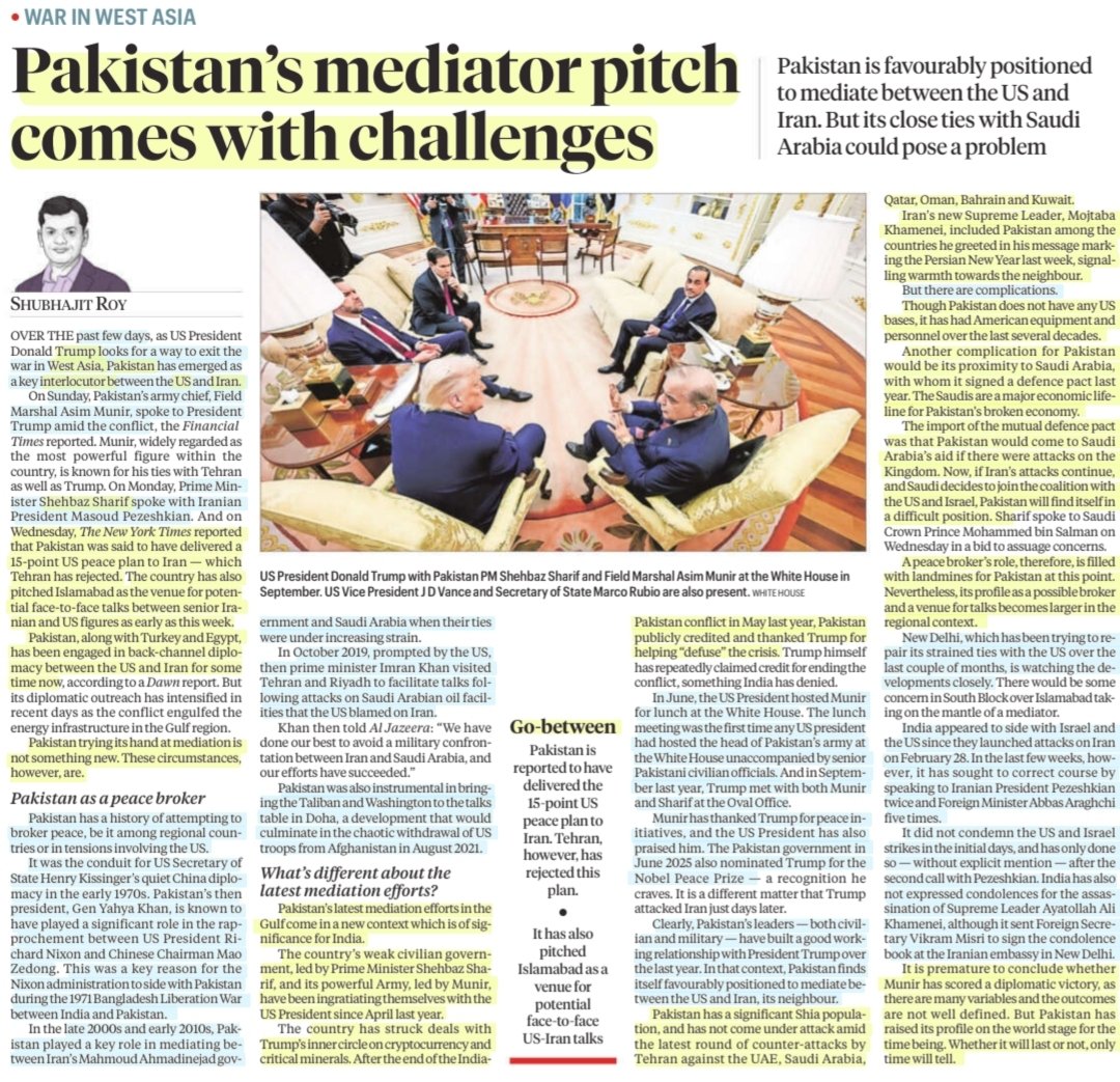 imRavikantYadav's tweet image. Pakistan's mediator pitch comes with it's challenges

:An informative article by @ShubhajitRoy 

#Pakistan #Mediation #IranWar‌ #Iran #USA 
#Mediator #Interlocutor 

#UPSC 

Source: IE