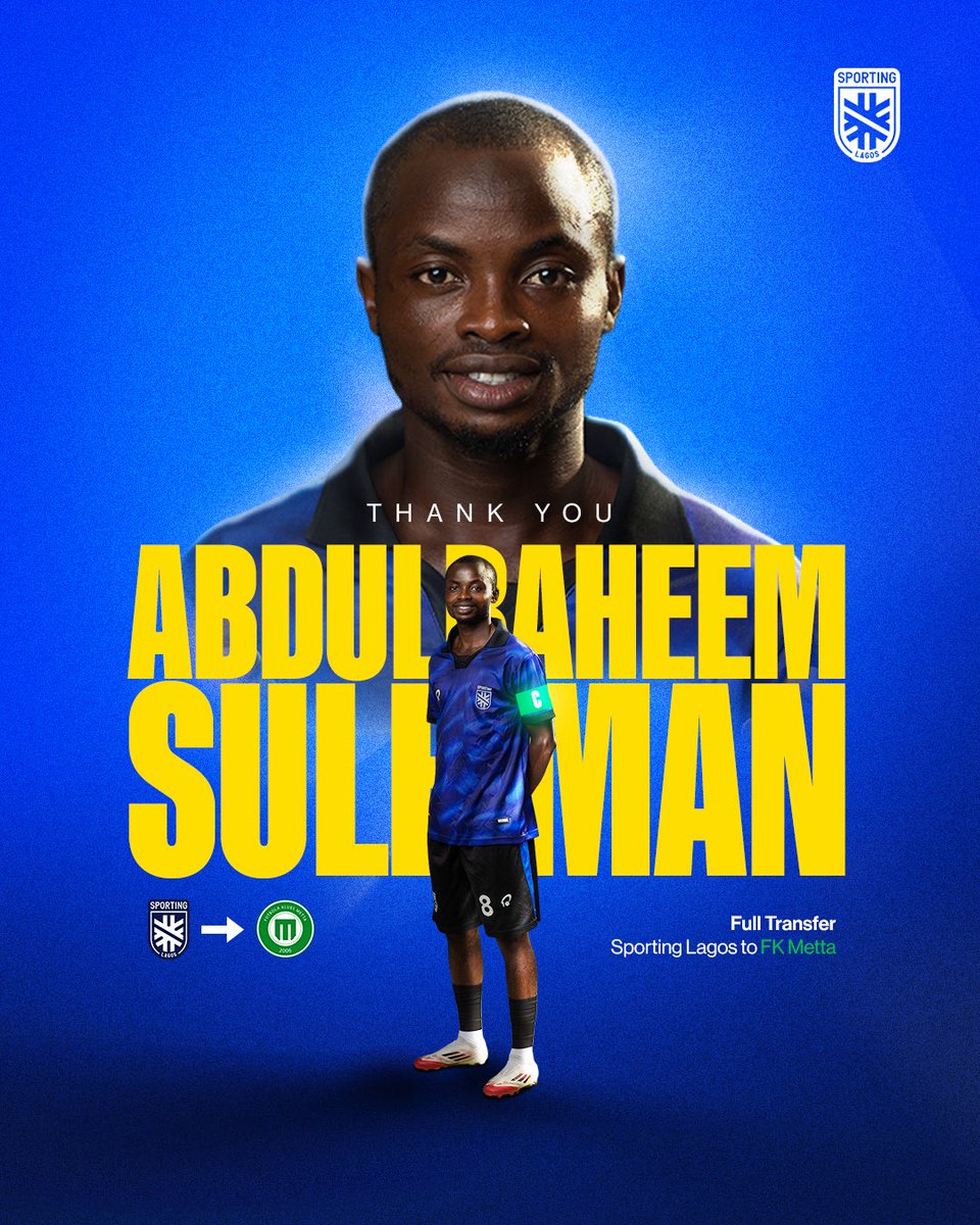 Abdulraheem Suleiman has completed a move to FK Metta.

Your sacrifice, leadership and dedication is appreciated. We’ll always be rooting for you 🙏🏿

Thank you Skippo

Read more here:  sportinglagos.com/news/abdulrahe…