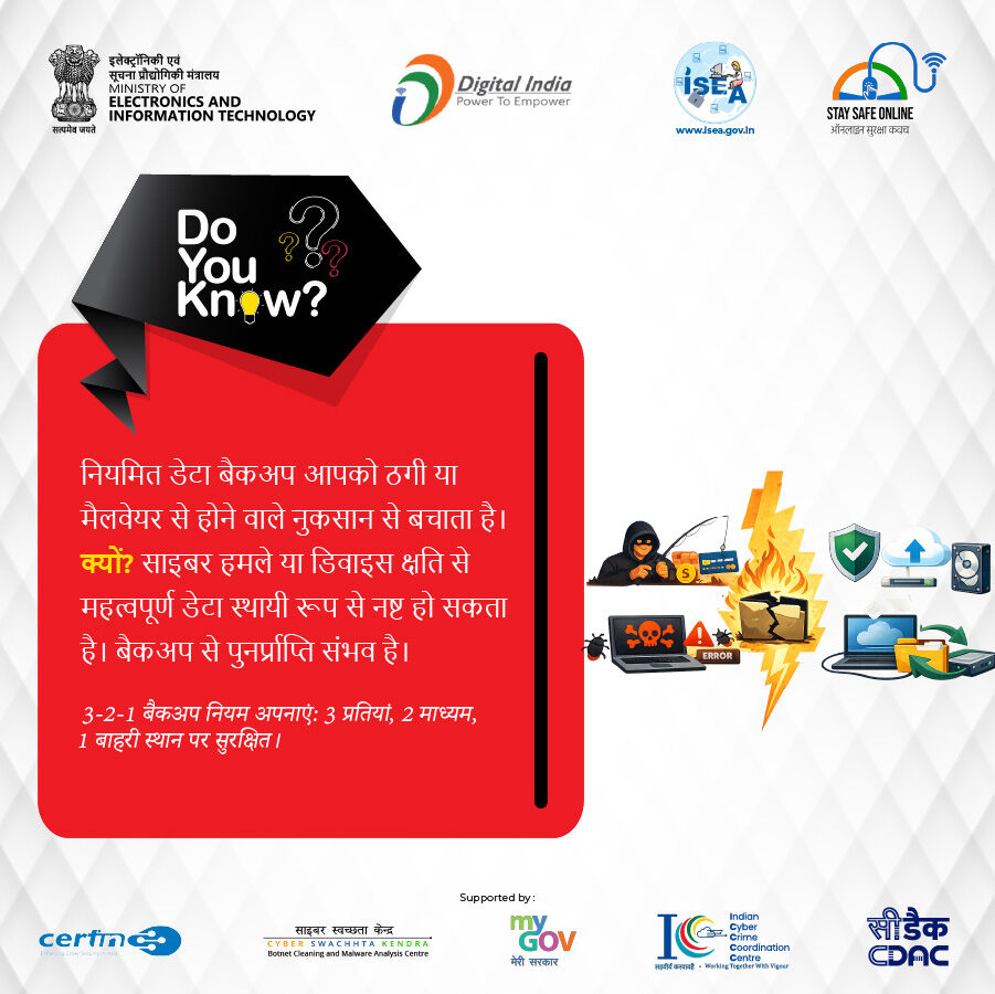 InfoSecAwa's tweet photo. #DoYouKnow
छोटी सी आदत, बड़ी सुरक्षा। नियमित बैकअप लें और 3-2-1 नियम अपनाकर अपने डेटा को सुरक्षित रखें।
#DataProtection #CyberResilience #BackupStrategy #StayPrepared #DigitalSecurity #SafeComputing https://t.co/QCphObL8dV