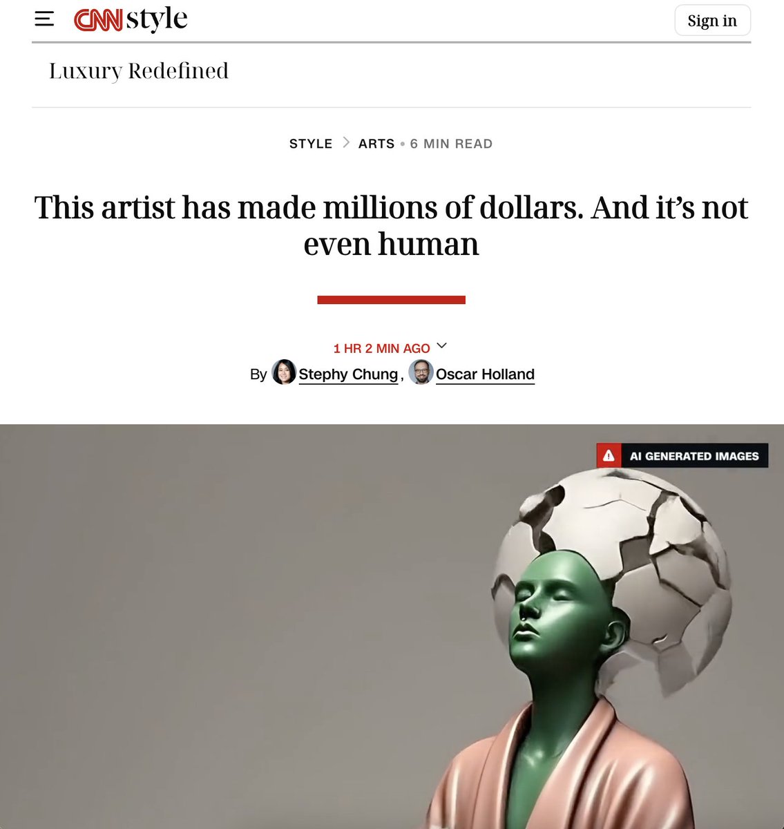 BottoDAO's tweet photo. This just in: @bottoproject in @CNNStyle 

For the uninitiated, this is an extensive article well worth a read, it covers Botto's:

◆ 'Mirror Stages' installation at @artbasel HK
◆ Economy, market, and governance model 
◆ Increasing autonomy &amp; artistic evolution

Link 🔗↓ https://t.co/P805UknHvx