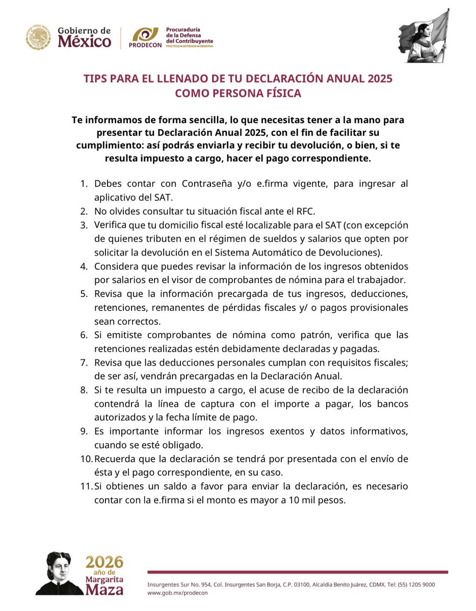 compralexplus's tweet photo. 20260325. PRODECON. Tips para el llenado de la declaración fiscal anual 2025 de personas físicas. https://t.co/ZPHTrs697S
