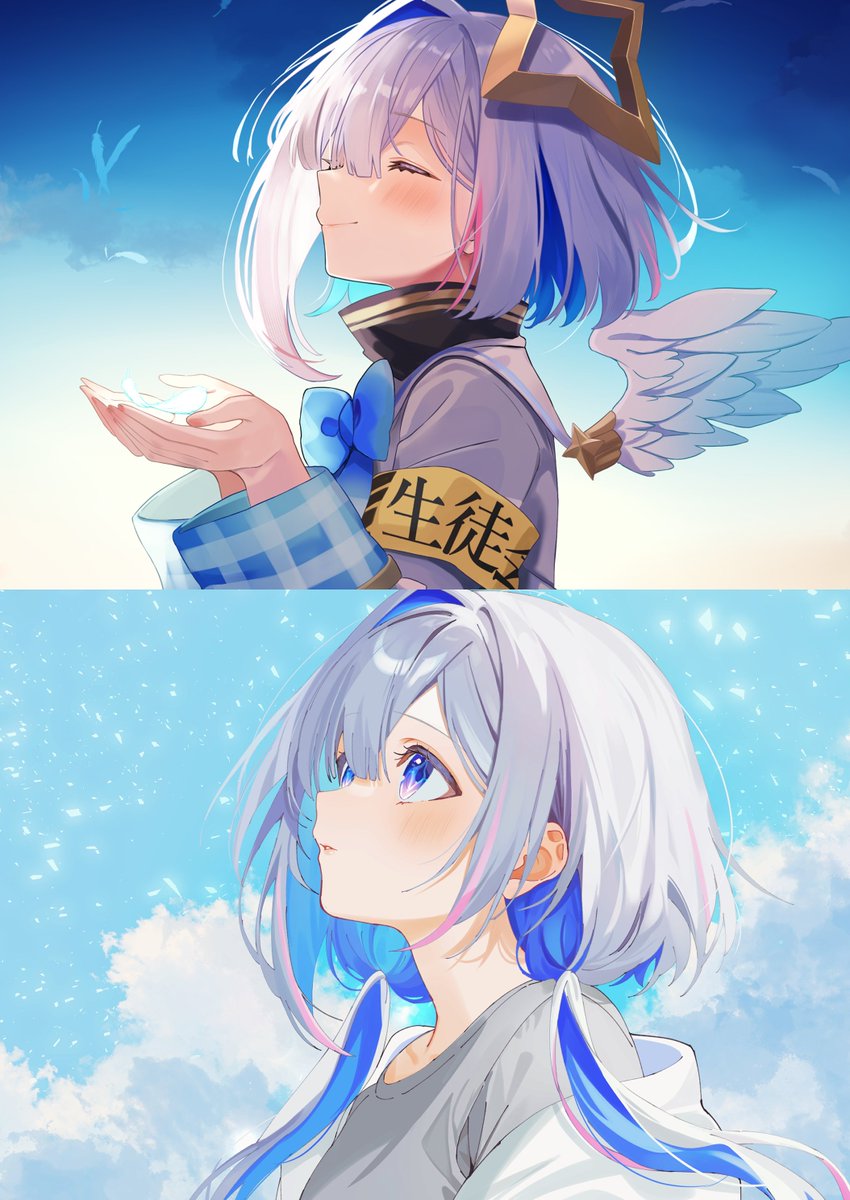 UeKana9's tweet photo. 最初に描いた片羽たそと、卒業後に描いたかなたその絵を並べて見てみると…喜びと悲しみが入り混じる… https://t.co/nPrXYm4Lmu