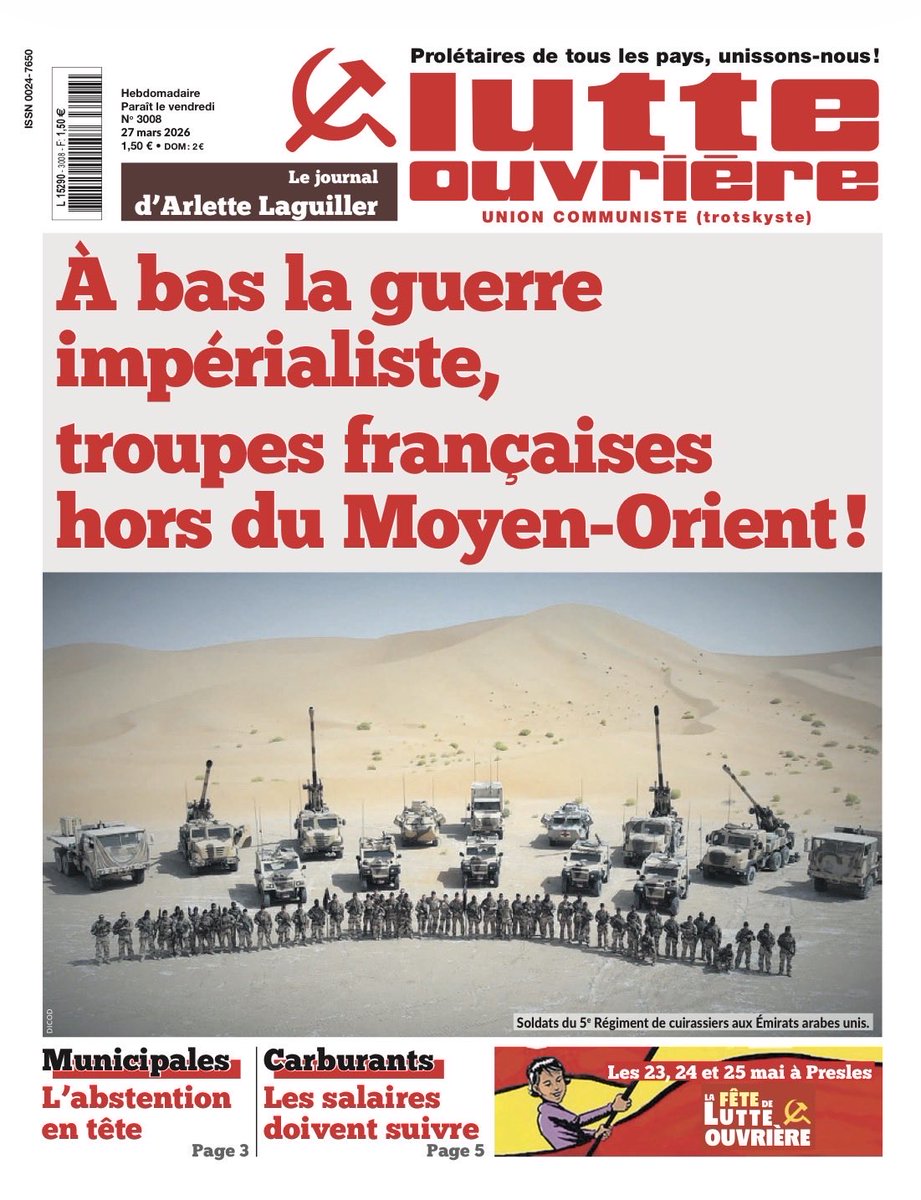 Dans le dernier numéro de Lutte ouvrière :
- À bas la guerre impérialiste, troupes françaises hors du Moyen-Orient !
- L'abstention en tête aux municipales
- Carburants : les salaires doivent suivre
- Les 23, 24 et 25 mai à Presles : LA FETE DE LUTTE OUVRIÈRE