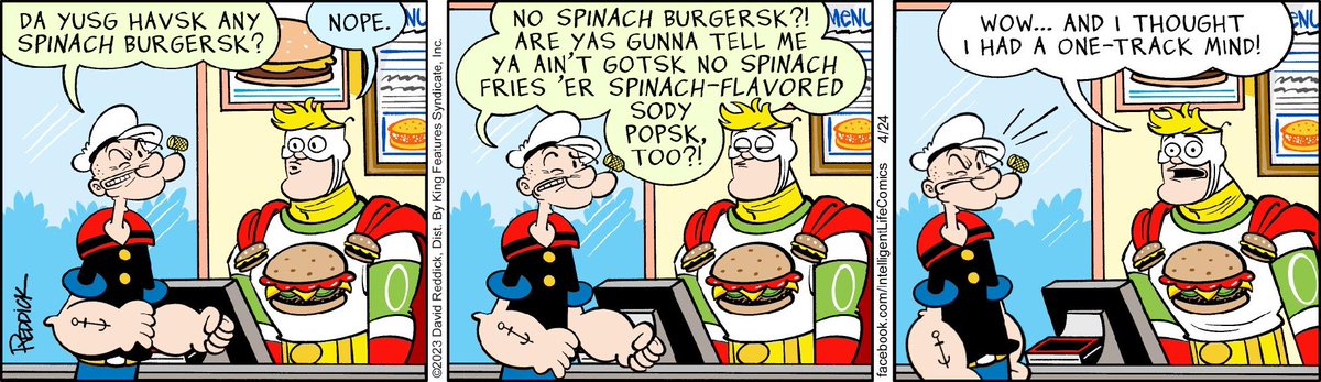 ComicsKingdom's tweet photo. In honor of National Spinach Day- here's a crossover you didn't know you needed! Hope Popeye got his spinach fix somewhere else then.. 🤣🥬 

 #Popeye #Spinach #IntelligentLife #Comics https://t.co/oSaEsjLDsO
