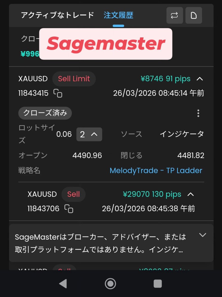 Akkiyy100015's tweet photo. 📢 3/26のSageMaster FXの（Alice）実績報告 ✨
​通貨ペア: XAU/USD (Gold)
戦略名: MelodyTrade
​📈 本日の実績 (3/26)
​純獲得pips: ＋221 pips (91 pips ＋ 130 pips)
​純実現損益: ＋37,816 円
​完了取引: 2 回 (2勝 0敗 / すべて売りエントリー)
#FX #FX初心者 #投資 #Gold https://t.co/jHgPxO5Uj7