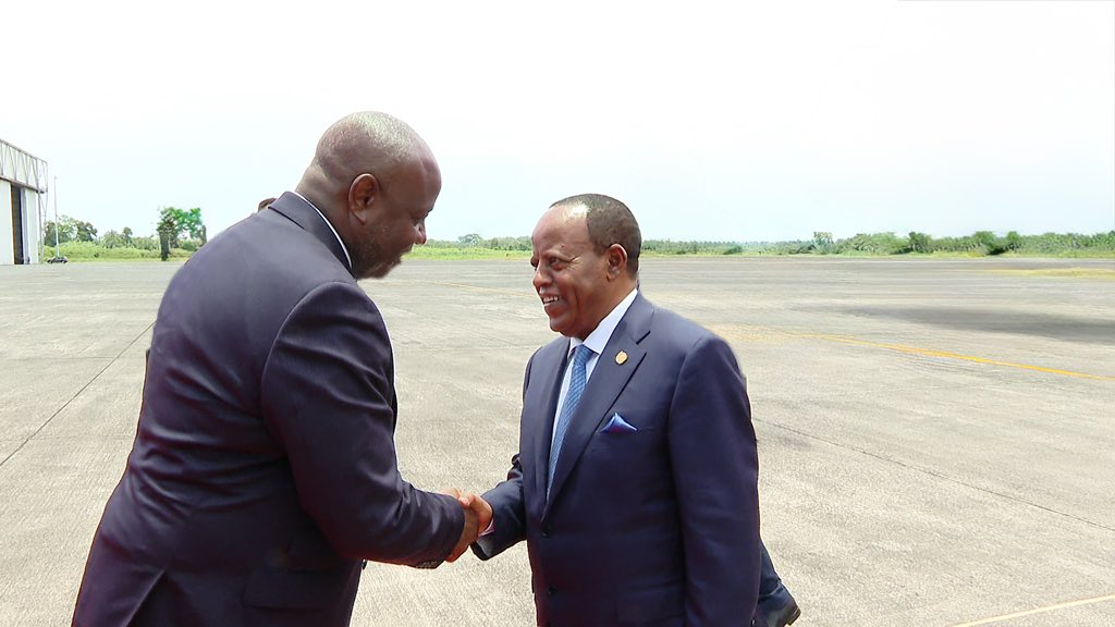 POEthiopia's tweet photo. H.E. President Taye Atske-Selassie has arrived in Malabo, Equatorial Guinea, to attend the Organisation of African, Caribbean and Pacific States Summit(OACPS). H.E was warmly welcomed by the Prime Minister Manuel Osa Nsue Nsua and senior officials at Malabo International Airport. https://t.co/4NHwZT5EML