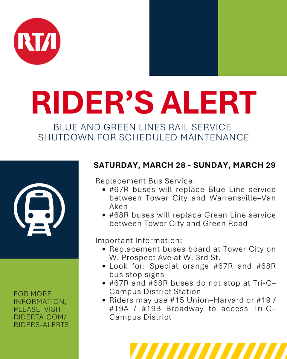 GCRTA's tweet photo. 🟢🔵 Attention Riders 🔵🟢

Blue and Green Lines rail service will not operate Saturday, March 28 - Sunday, March 29 for scheduled maintenance. #67R and #68R  shuttle buses will replace trains until service resumes on Monday, March 30.

More details: https://t.co/7Lgzx7yMxt https://t.co/ZEyipqUS7k