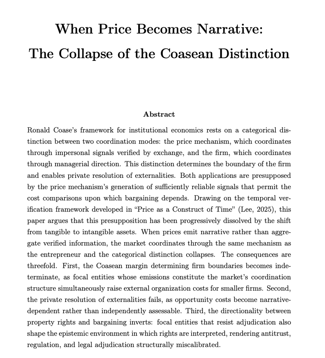 edgeofarete's tweet photo. In discussions of future governance, the AGI-solves-Coase crowd misdiagnoses the problem. An agent that computes at infinite speed and negotiates at zero cost is still unable to discover an efficient allocation when opportunity costs are constituted by narrative. https://t.co/rm0iXNQzlj
