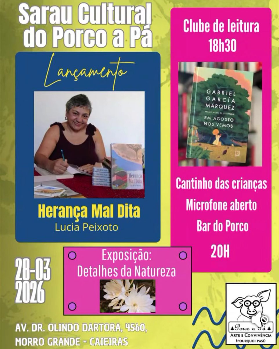 lluciafilosofa's tweet photo. Dia 28 de março 2026 o primeiro Sarau Cultural do ano no @porcoapa, entrada gratuita, é só chegar
Lançamento de Livro da Professora @profaluciapeixoto

18h30 Clube de Leitura.
20h00 início do Sarau.
Av. Dr. Olindo Dartora, 4560 - Morro Grande, Caieiras - SP, 07700-000
@saraupo https://t.co/XHTbxCR4qW