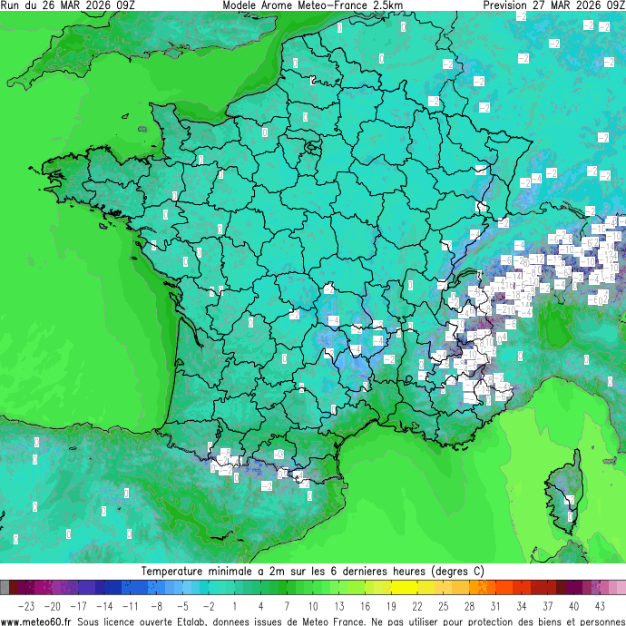 meteo60's tweet image. Les #gelées s'annoncent généralisées sur la France entre la nuit prochaine et demain matin, parfois assez marquées dans les secteurs les plus froids. Ce #gel s'accompagnera d'un risque pour la #végétation déjà bien en avance. 
Carte : meteo60.fr