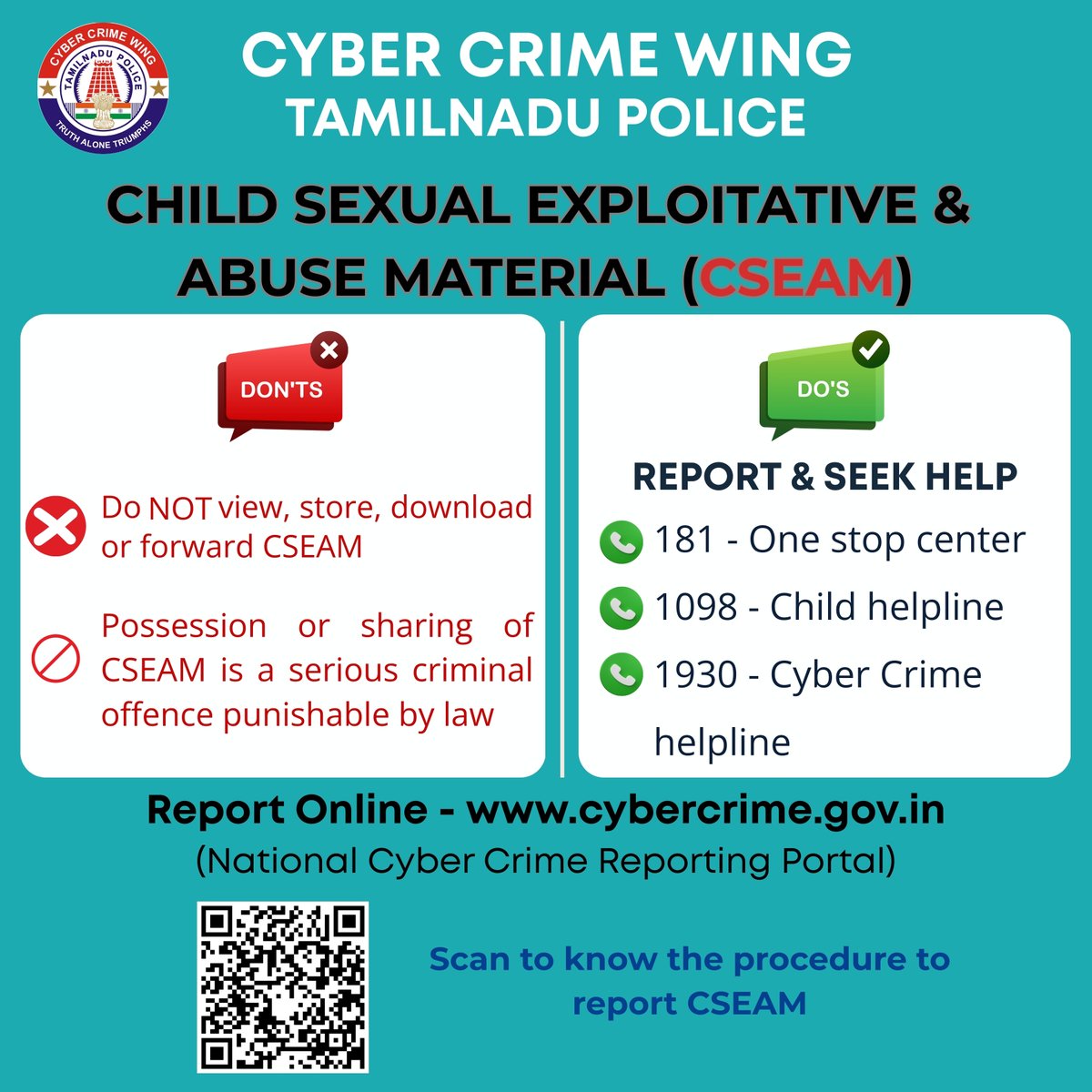 tncybercrimeoff's tweet image. Protect children from online harm.  
If you see CSEAM, report it immediately.  
181 - One stop center  
1098 – Child Helpline  
1930 – Cyber Crime Helpline 
Reporting Portal - cybercrime.gov.in #ProtectChildren #CSEAM