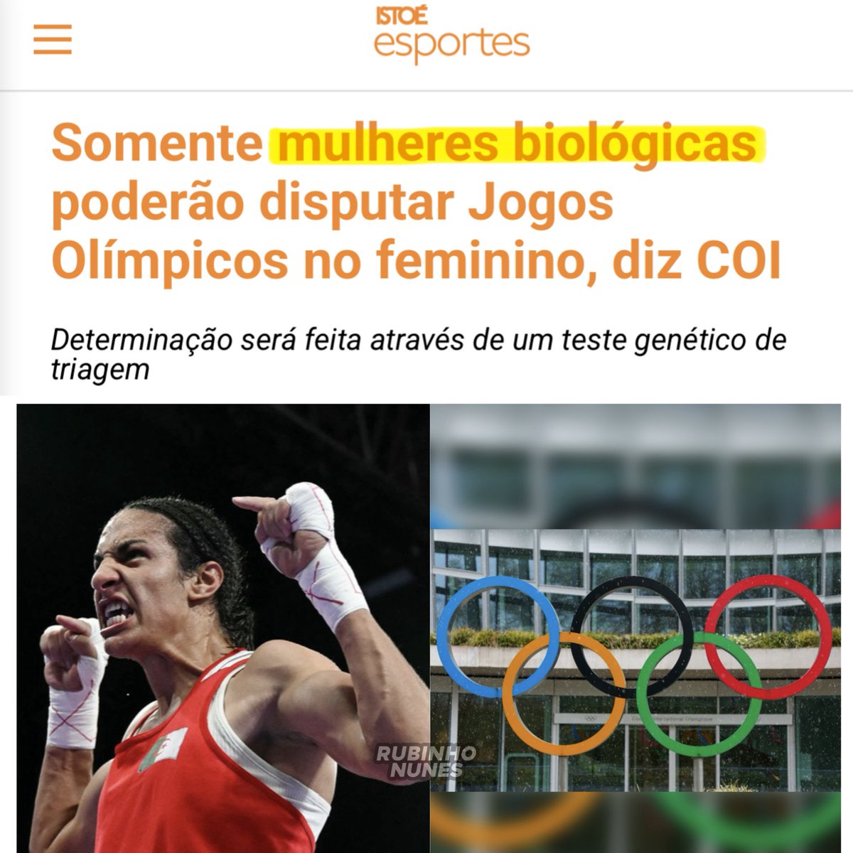 RubinhoNunes's tweet photo. HISTÓRICO! Vitória gigantesca das mulheres biológicas!

Depois de anos, o COI coloca a verdade e a ciência acima da ideologia.

O esporte feminino volta a ser das mulheres! https://t.co/IPrs4kHumb