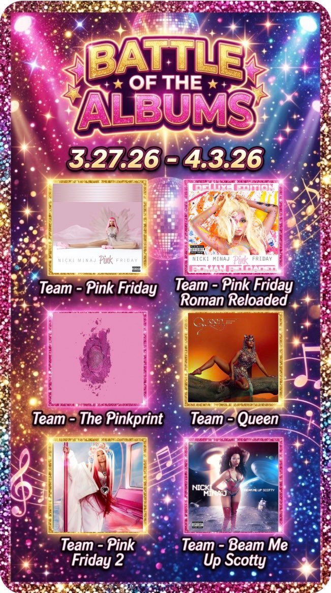 daviduniverse13's tweet image. Barbz, Battle of the Albums starts at Midnight (EST) 🥳🎶 Pick your favorite album and support all week long ✨ 

We keep The Queen @NICKIMINAJ at the TOP of the charts no matter what 💥

I’ll be Team - The Pinkprint 💗