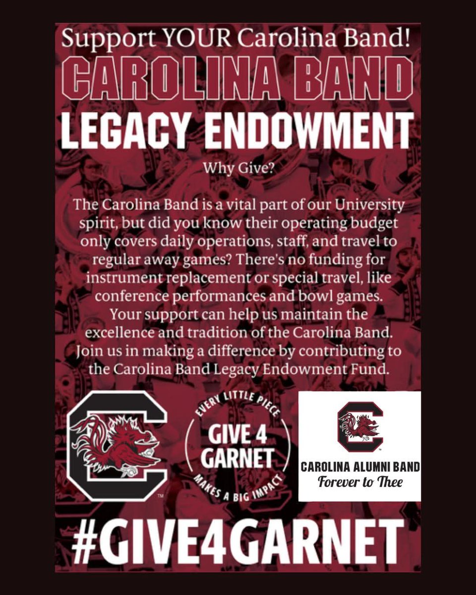 TheCarolinaBand's tweet photo. Why Give?

We’re raising $10,000 for the Carolina Band Legacy Fund during #Give4Garnet, and every gift helps us build toward a $1 million endowment that will support YOUR Carolina Band for generations to come.

Give Here ➡️ https://t.co/Z0GLaSX8YK https://t.co/I04RtpZVRX
