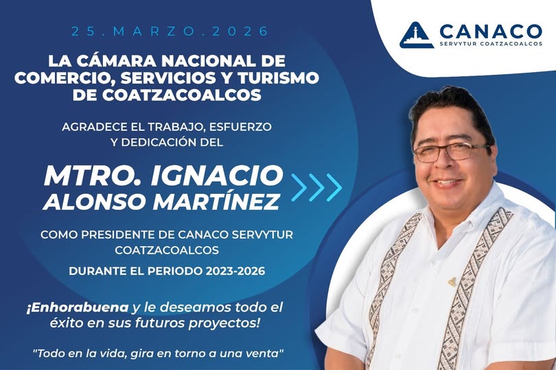 CANACOCoatza's tweet photo. Expresamos nuestro más sincero agradecimiento al Mtro. Ignacio Alonso Martínez por su destacada gestión y compromiso al frente de CANACO Servytur Coatzacoalcos durante el periodo 2023-2026.
¡Gracias por los logros alcanzados en favor del comercio de Coatzacoalcos! https://t.co/PKdx3WoAyO