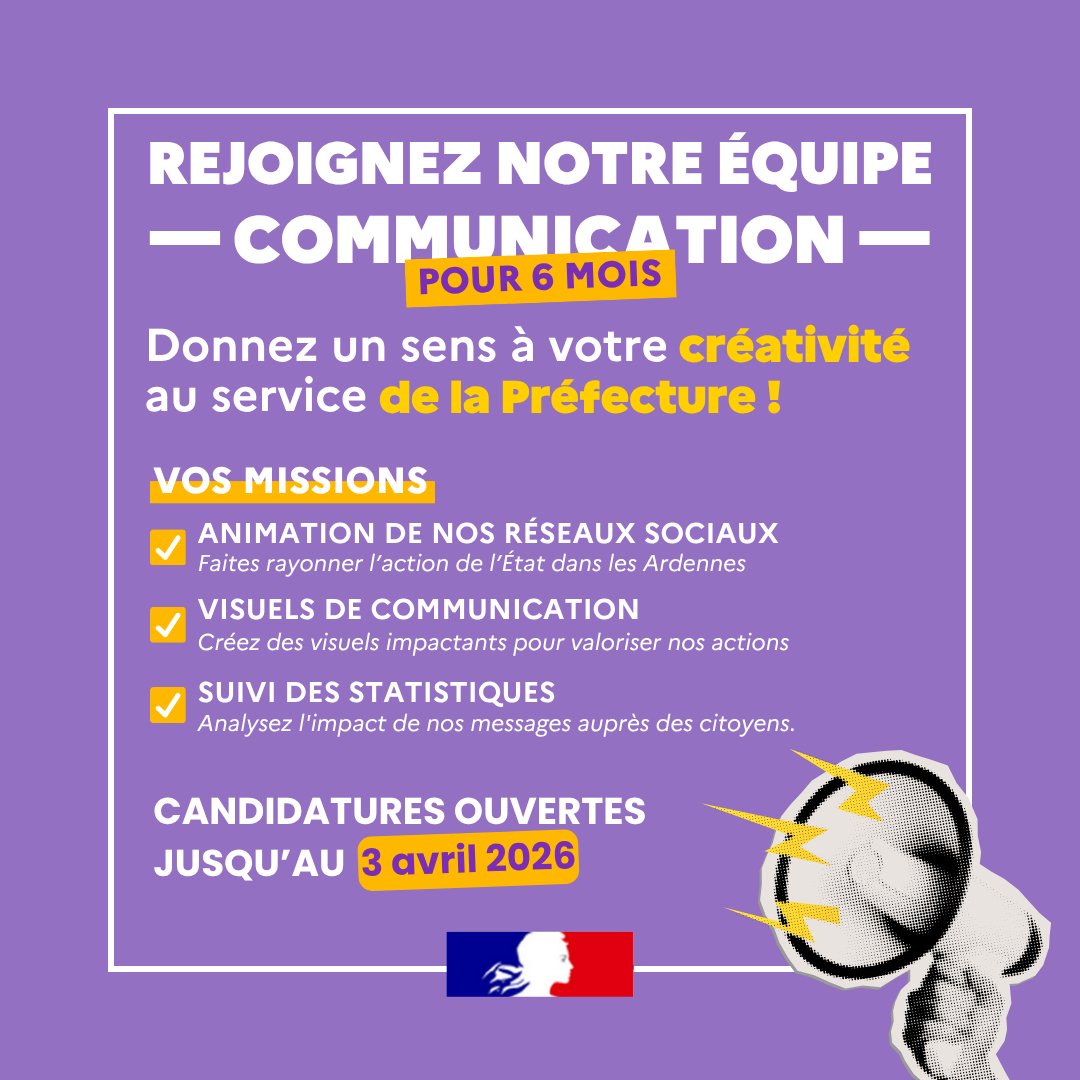 Image de Préfet des Ardennes - #Recrutement |  📢 Devenez notre futur(e) Assistant(e) Communication
🎯Vos missions principales : 
✅