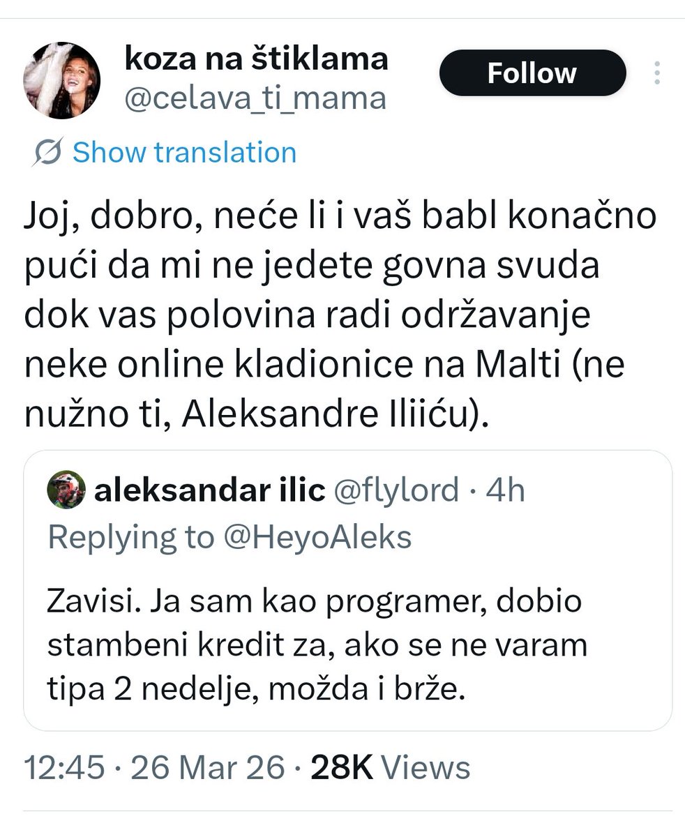 Jedna od glupljih objava meseca. Sedi kući, pije kafu i puši. I priželjkuje propast 😀
