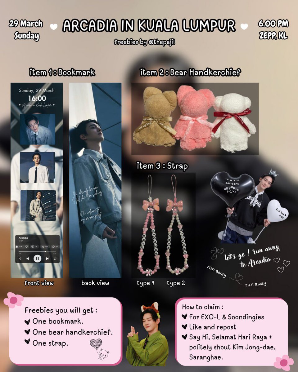 ✨ Annyeong &amp; Selamat Hari Raya yeorobun 💫
Freebies for Arcadia in KL <a href="/thepajil/">pajilaaa | shall we? Fall in love again</a> 🤍

🦖 FCFS &amp; trades welcome!

🦖 Come find me &amp; let’s politely shout
“KIM JONGDAE SARANGHAE!!!” yeayyy 🤭

Like &amp; repost appreciated 🤍 Terima Kasih

⏰ TBA >.<

#ARCADIAinKL #CHENinKL #RiangRiaJD
