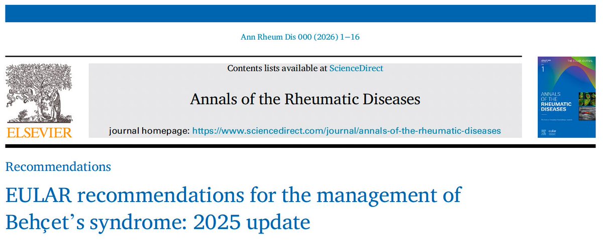 ReumAndres's tweet photo. Nuevas recomendaciones EULAR para el manejo del síndrome de #Behçet

Ann RheumDis000(2026)1−16 - https://t.co/EgKMccrFIu https://t.co/NPP8XgzJIs